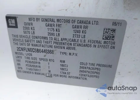2011 Chevrolet Equinox 2Lt from USA, damaged, VIN 2CNFLNEC5B6448368
